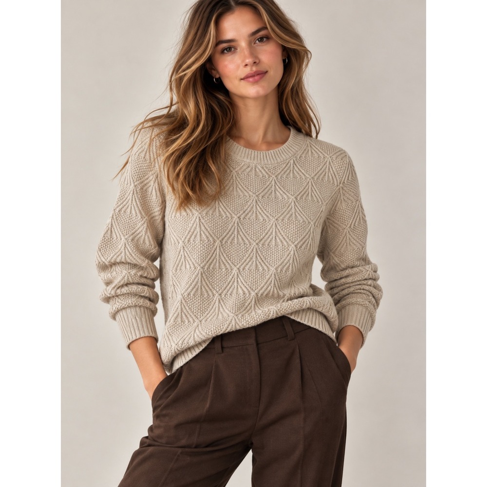 Aster Cream Textured Geometric Pattern Crew Neck Knit Long Sleeve Sweater, M